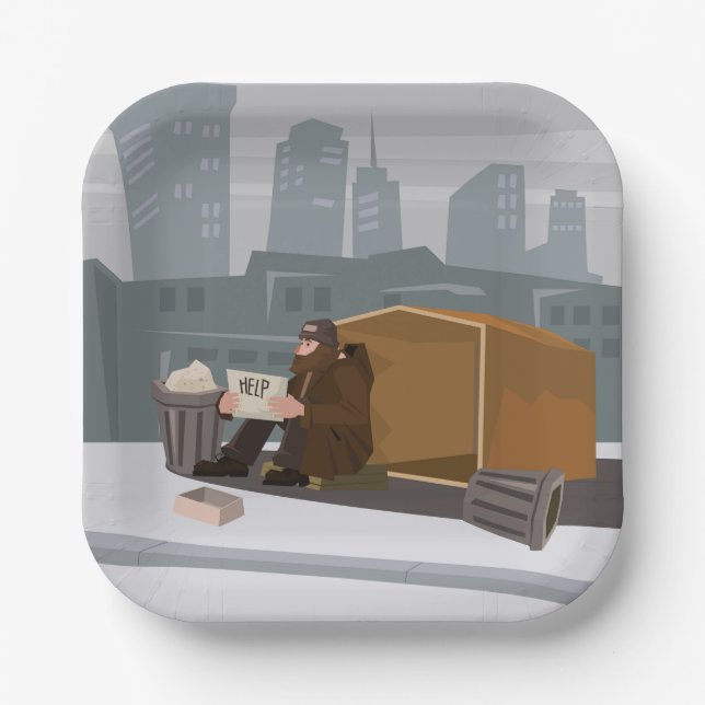 Homeless Man Holding Help Sign Urban Poverty Paper Plates (Front)