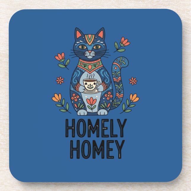 Homely homey cozy blue cat design beverage coaster (Front)