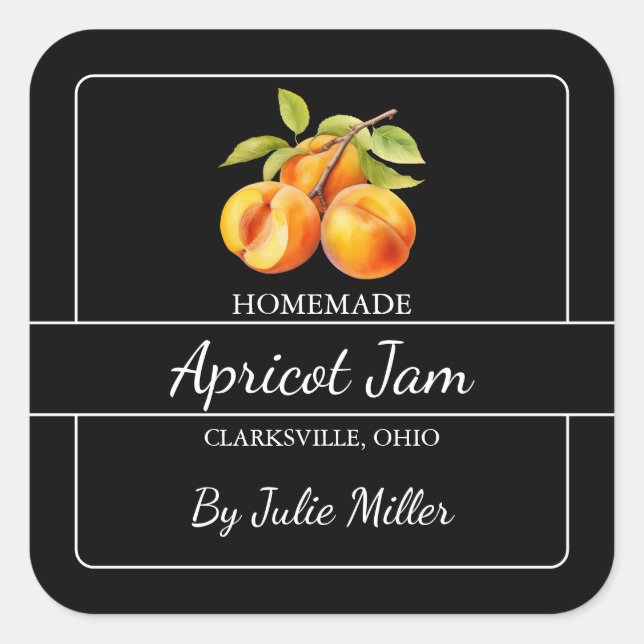 Homemade Apricot Jam Square Label Black (Front)