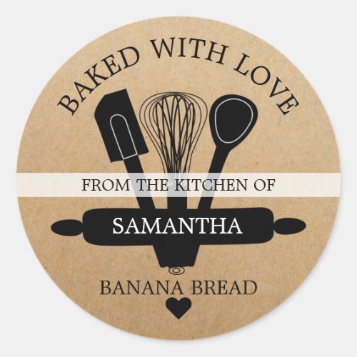 Homemade Banana Bread Baked With love Rustic Kraft Classic Round Sticker