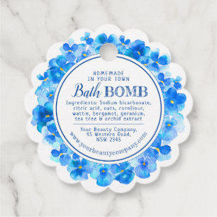 Homemade bath bomb pansy blue white favor tags