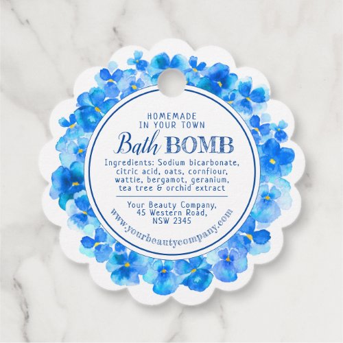 Homemade bath bomb pansy blue white favor tags