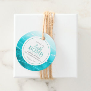 Homemade bath bomb teal sea white favor tags