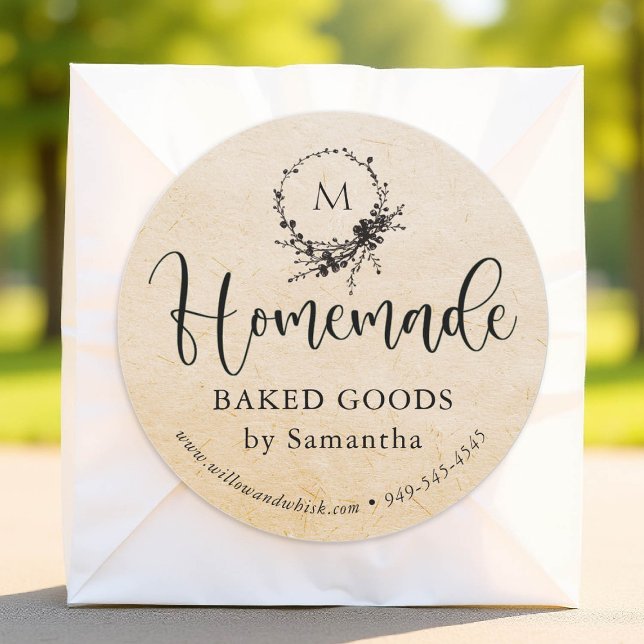 Homemade Berries Kraft Custom Product Packaging Classic Round Sticker (custom packaging label homemade botanical business drink food gift kraft black berries monogram)