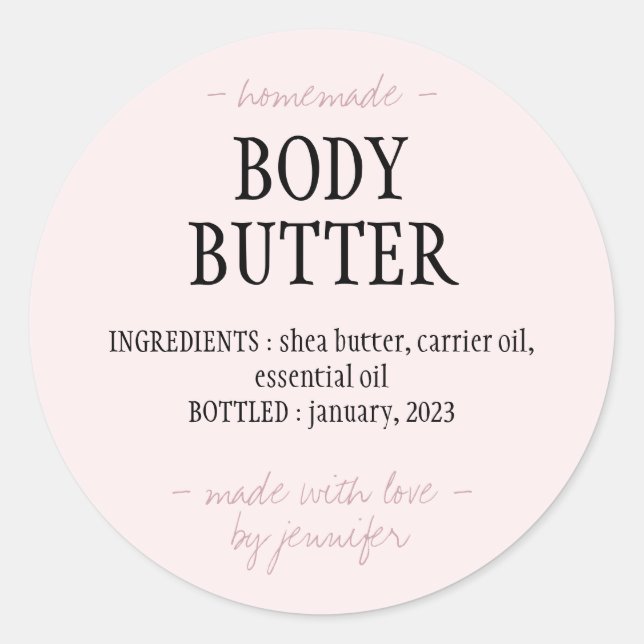 Homemade Body Butter Pink Script Classic Round Sticker (Front)