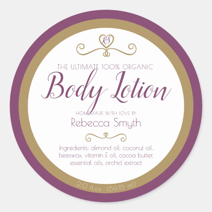 Homemade body lotion ingredients purple gold label