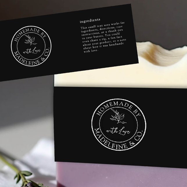 Homemade Botanical Custom Black Packaging Label (homemade product label template artisan maker crafter craft gifting boutique small business black)