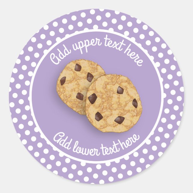 Homemade Choc Chip Cookies on lavender polka dot C Classic Round Sticker (Front)