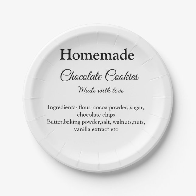 Homemade chocolate cookies made with love add text paper plates (Front)