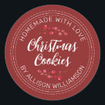 Homemade Christmas Cranberry Cookies Red Classic Round Sticker<br><div class="desc">Rustic and modern homemade baked goods sticker with the text homemade with love, christmas cookies and your name in off-black handwritten script calligraphy and modern typography on a red background with a stylish touch of cranberries sprigs. Simply add your name and the product name to the label. Exclusively designed for...</div>