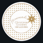 Homemade Christmas Goodies | Gold Snowflake Classic Round Sticker<br><div class="desc">Create stickers to label your homemade Christmas goodies,  holiday cookies,  candy,  treats,  party favors and more featuring a gold snowflake design on a crisp white background with small gold starburst pattern border and your message in stylish lettering. Personalize for your homemade holiday gifts.</div>