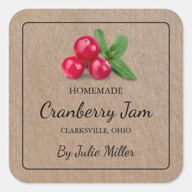 Homemade Cranberry Jam Square Kraft Paper Label (Front)