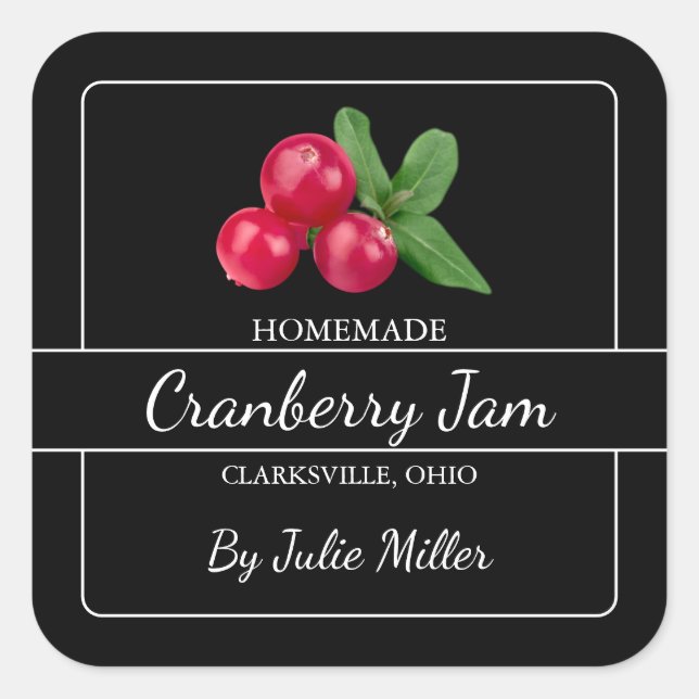 Homemade Cranberry Jam Square Label Black (Front)