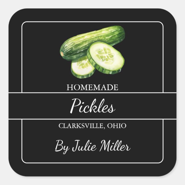 Homemade Cucumber Pickles Square Label Black (Front)