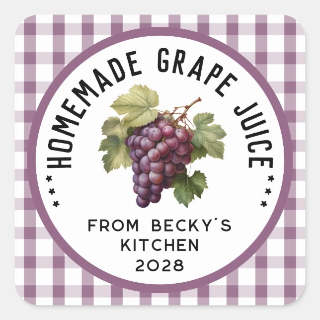 Homemade grape juice with checkered pattern square sticker (Front)