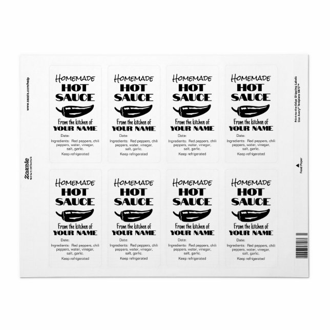 Homemade Hot Sauce Personalized Black White Chili Label (Full Sheet)
