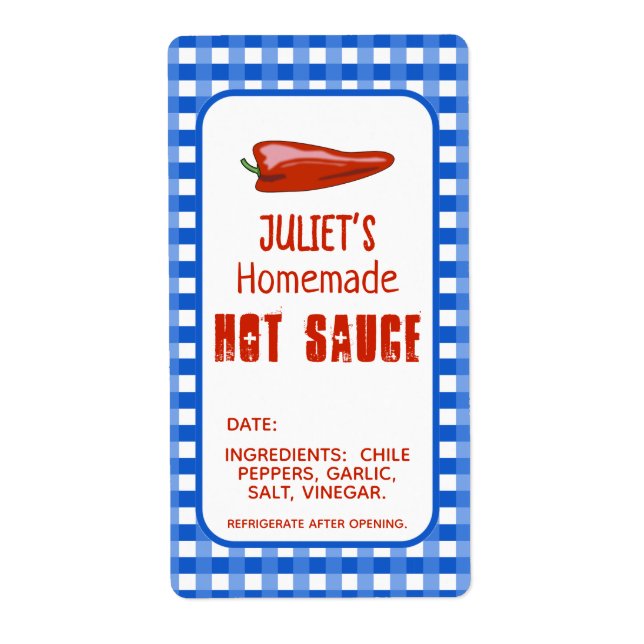 Homemade Hot Sauce Your Name Blue Checks Custom Label (Front)
