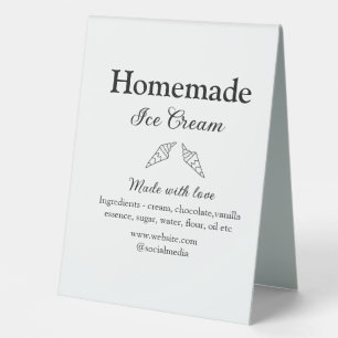 Homemade ice cream add ingredients made with love  table tent