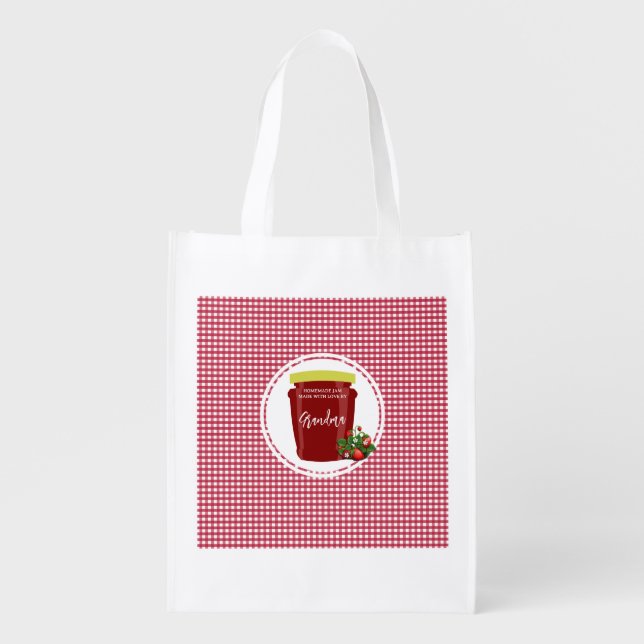 Homemade Jam Red and White Gingham Editable Grocery Bag (Front)