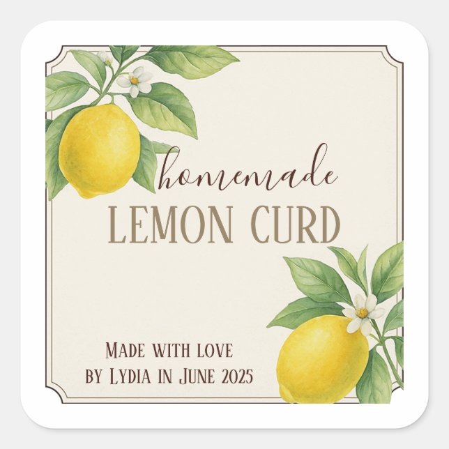 Homemade Lemon Curd Label with Watercolor Lemons (Front)