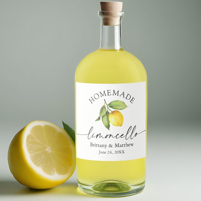 Homemade Limoncello Calligraphy Watercolor Lemon Liquor Bottle Label (Customize to change your personalized text size or text style.)