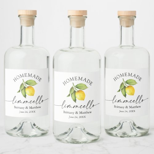 Homemade Limoncello Calligraphy Watercolor Lemon Liquor Bottle Label