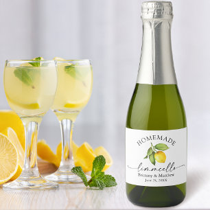 Homemade Limoncello Calligraphy Watercolor Lemon  Sparkling Wine Label