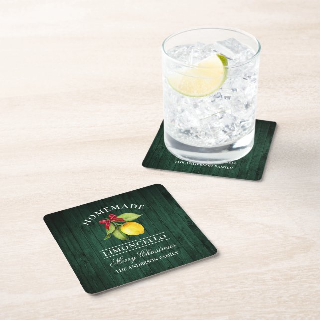 Homemade Limoncello Green Wood Print Christmas Square Paper Coaster (Insitu)