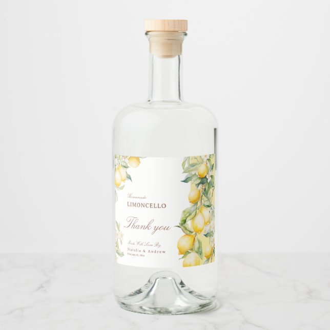 Homemade Limoncello Watercolor Lemons Thank you Liquor Bottle Label (Front)