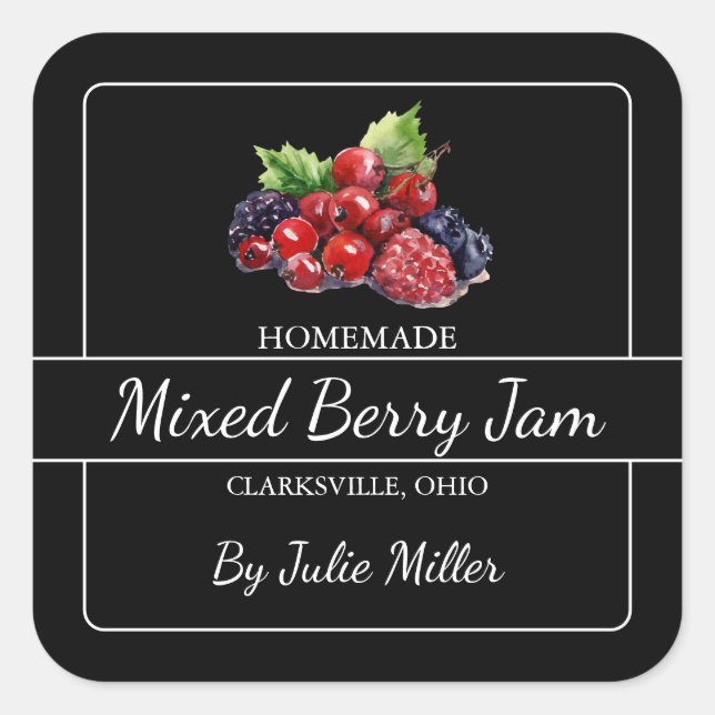 Homemade Mixed Berry Jam Square Label Black (Front)