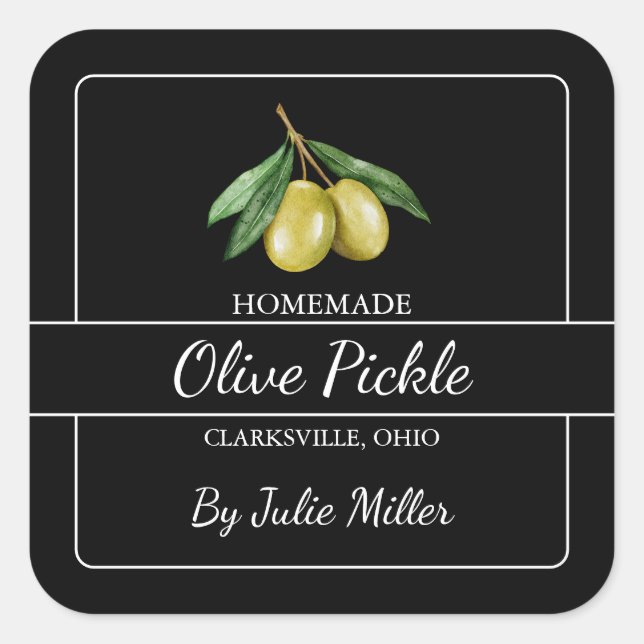 Homemade Olive Pickle Square Label Black (Front)