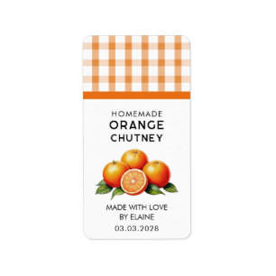 Homemade orange chutney with checkered pattern label