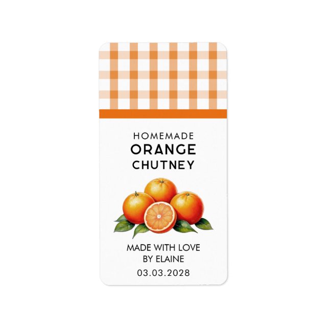 Homemade orange chutney with checkered pattern label (Front)