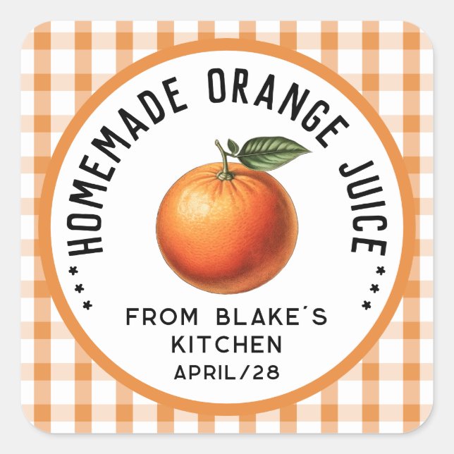 Homemade orange juice with checkered pattern square sticker (Front)