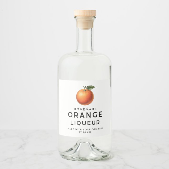Homemade orange liqueur with orange liquor bottle label (Front)
