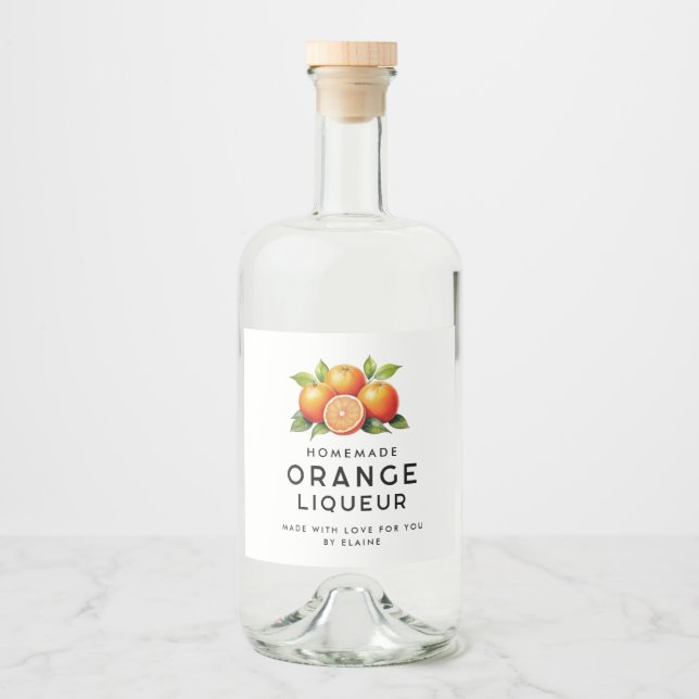Homemade orange liqueur with oranges and leaves liquor bottle label (Front)