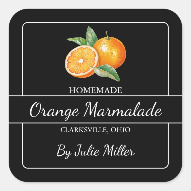 Homemade Orange Marmalade Square Label Black (Front)