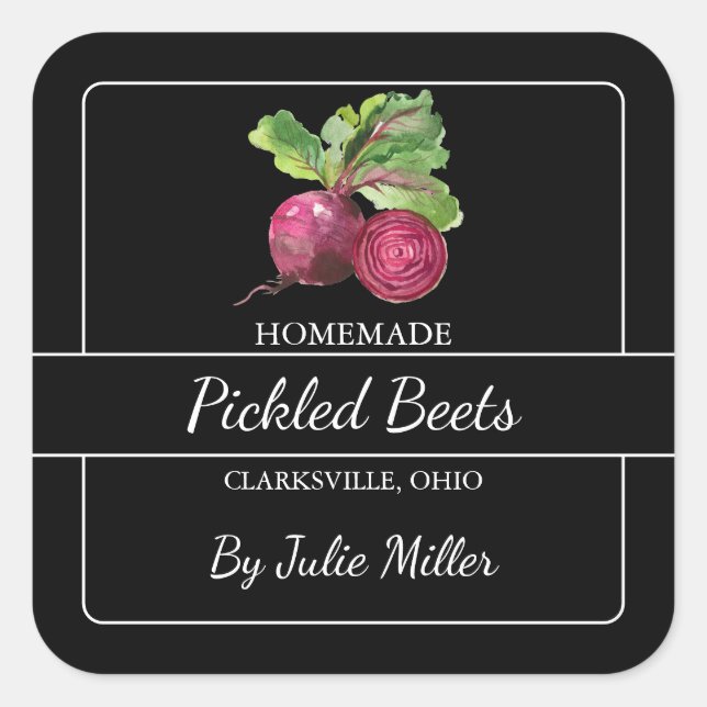Homemade Pickled Beets Square Label Black (Front)