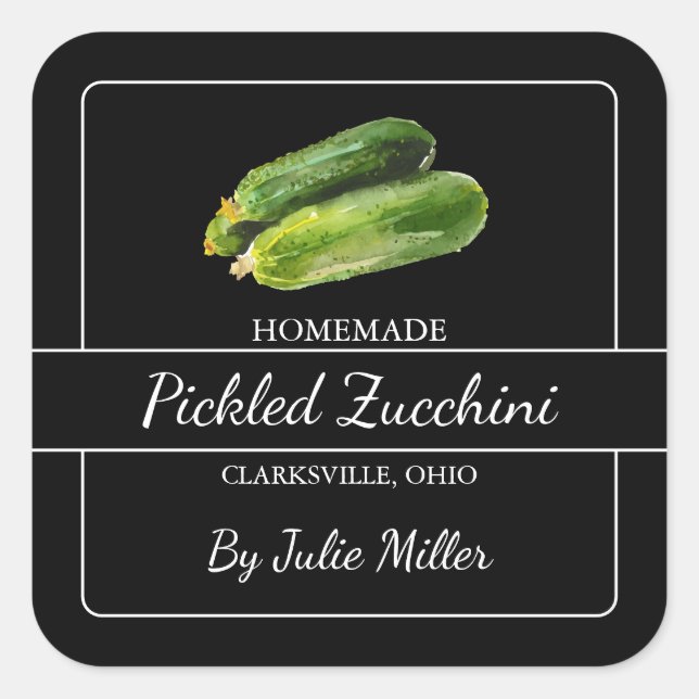 Homemade Pickled Zucchini Square Label Black (Front)
