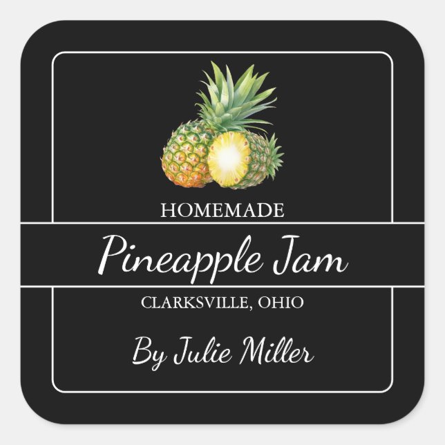 Homemade Pineapple Jam Square Label Black (Front)