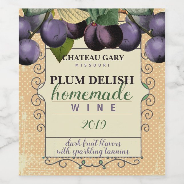 Homemade PLUM faux vineyard personalized wine Label (Single Label)