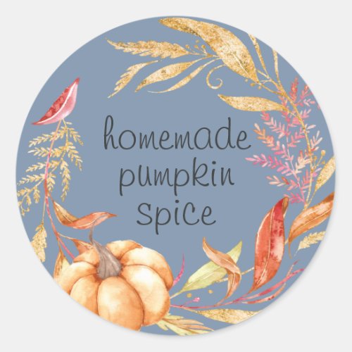 Homemade Pumpkin Spice Watercolor Foliage Blue Classic Round Sticker