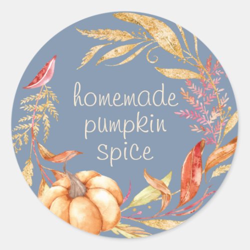 Homemade Pumpkin Spice Watercolor Foliage Blue Classic Round Sticker
