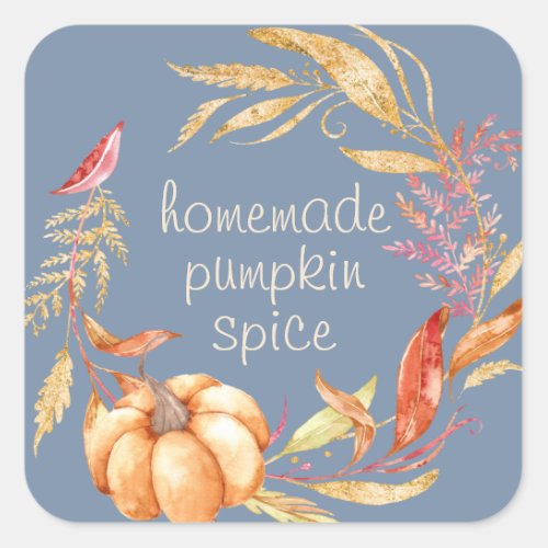 Homemade Pumpkin Spice Watercolor Foliage Blue Square Sticker