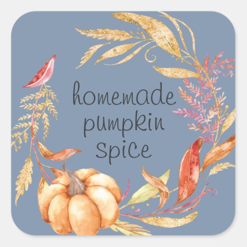 Homemade Pumpkin Spice Watercolor Foliage Blue Square Sticker