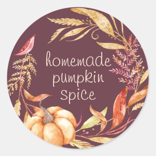 Homemade Pumpkin Spice Watercolor Foliage Burgundy Classic Round Sticker