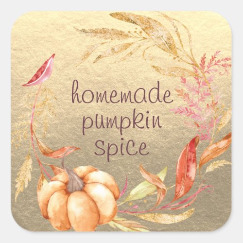 Homemade Pumpkin Spice Watercolor Foliage Gold Square Sticker