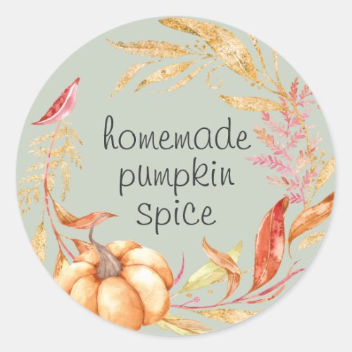 Homemade Pumpkin Spice Watercolor Foliage Green Classic Round Sticker