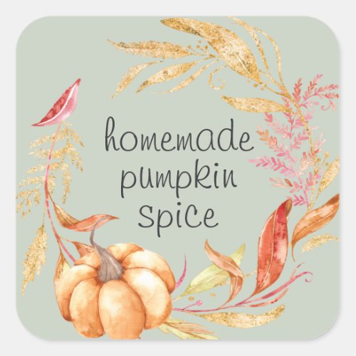 Homemade Pumpkin Spice Watercolor Foliage Green Square Sticker