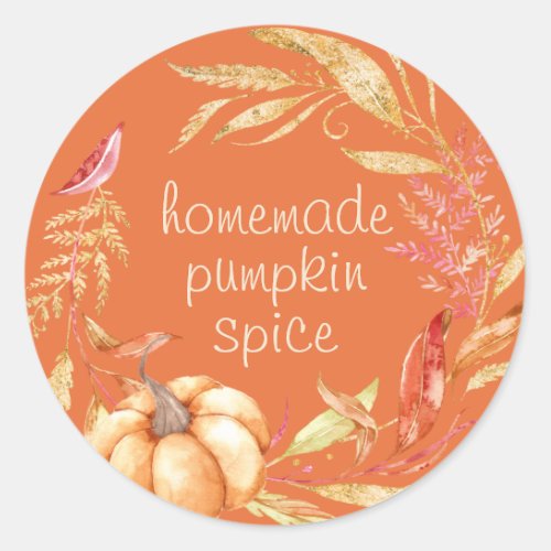 Homemade Pumpkin Spice Watercolor Foliage Orange Classic Round Sticker